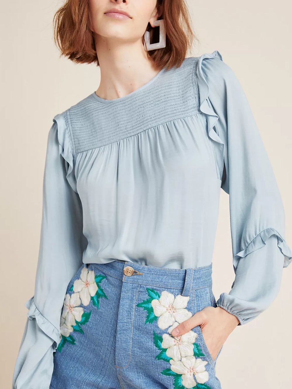 Anthropologie Dolan Powder Blue Smocked Ruffle Yoke Blouse